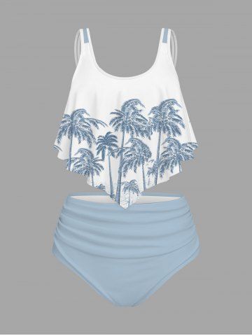 Plus Size Coconut Tree Print Cover Ruched Hawaii Tankini Swimsuit - LIGHT BLUE - XS