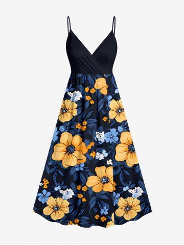 Plus Size Flowers Leaf Print Surplice Hawaii Cami Dress - BLACK - 4X