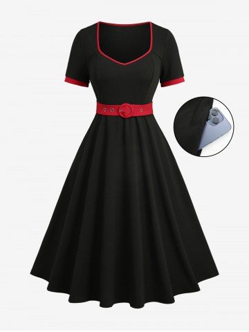 Plus Size Contrast Piping Pockets A Line Vintage Dress with Removable Belt - BLACK - 1X | US 14-16
