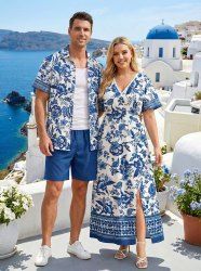 Blue And White Porcelain Flowers Leaf Print Plus Size Matching Hawaii Beach Outfit For Couples -  