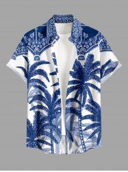 Plus Size Coconut Tree Blue and White Porcelain Style Print Hawaii Button Pocket Shirt For Men -  
