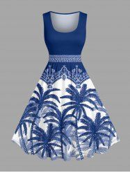 Plus Size Coconut Tree Blue and White Porcelain Style Print Hawaii Swing A Line Dress -  