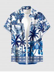 Chemise hawaïenne grande taille pour homme, imprimée style porcelaine bleue et blanche, motif cocotier et chemin de cour, bleu et blanc. - Bleu S