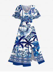 Plus Size Coconut Tree Courtyard Path Blue and White Porcelain Style Print Hawaii Split Pocket A Line Midi Dress -  
