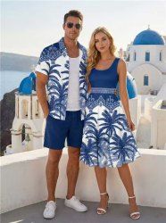 Coconut Tree Blue and White Porcelain Style Print Plus Size Matching Hawaii Beach Outfit For Couples -  
