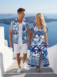 Coconut Tree Courtyard Path Blue and White Porcelain Style Print Plus Size Matching Hawaii Beach Outfit For Couples -  