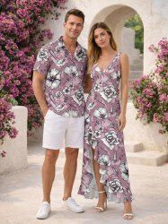 Tenue de plage hawaïenne assortie à imprimé floral et feuilles pour couples - Violet clair 