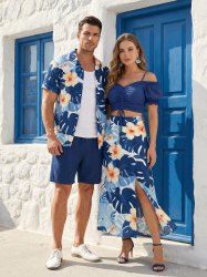 Tropical Leaf Hibiscus Flower Print Plus Size Matching Hawaii Beach Outfit For Couples -  
