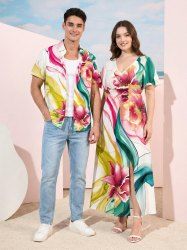 Watercolor Ribbon Flower Print Plus Size Matching Hawaii Beach Outfit For Couples -  