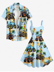 Ensemble de plage hawaïen assorti pour couples, grandes tailles, motif canards et cocotiers - Bleu clair 