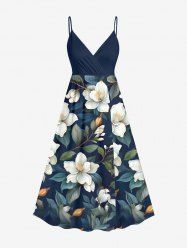 Robe à bretelles croisées à imprimé floral et feuilles grande taille, style hawaïen - Bleu profond L