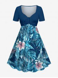 Robe hawaïenne grande taille à imprimé floral tropical et feuilles, cintrée - Bleu profond L