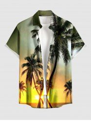 Plus Size Coconut Tree Sun Ombre Print Buttons Pocket Hawaii Shirt For Men -  