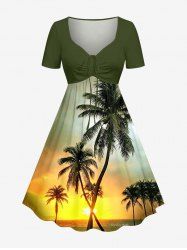 Plus Size Coconut Tree Sun Ombre Print Cinched Hawaii Dress -  