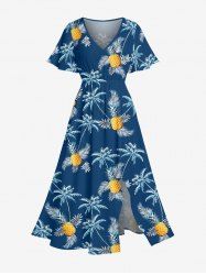 Robe midi fendue hawaïenne à imprimé ananas et cocotier grande taille - Bleu profond XXS