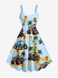 Robe débardeur hawaïenne grande taille à imprimé camions, canards et cocotiers - Bleu clair S