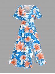 Plus Size Hibiscus Flowers Leaf Print Surplice Hawaii Midi Dress - Bleu Ciel XS