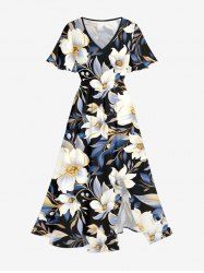 Flowers Leaf Print Split Hawaii Midi Dress -  