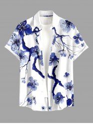 Flower Tree Branch Print Hawaii Button Pocket Shirt For Men - Bleu profond XL