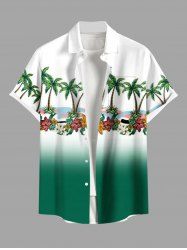 Plus Size Coconut Tree Flowers Ombre Colorblock Printed Buttons Pocket Hawaii Shirt For Men -  