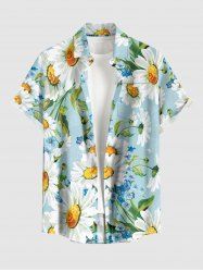 Plus Size Daisy Flowers Leaf Print Buttons Pocket Hawaii Shirt For Men -  