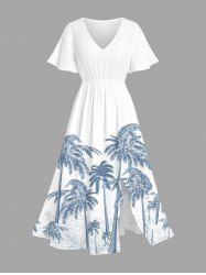 Plus Size Coconut Tree Print Split Hawaii Midi Dress -  
