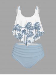 Maillot de bain tankini hawaïen froncé à imprimé cocotier grande taille - Bleu clair 3X