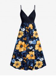 Robe à bretelles croisées à imprimé floral et feuilles grande taille, style hawaïen - Noir 3X