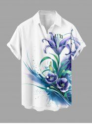 Plus Size Flower Leaf Plant Watercolor Print Hawaii Button Pocket Shirt For Men -  