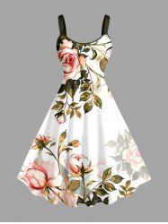 Plus Size Flower Leaf Branch Ombre Print Hawaii A Line Dress - Olive Verte 2X