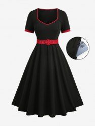 Robe vintage en A avec poches passepoilées contrastantes et ceinture amovible pour grande taille - Noir L | US 12