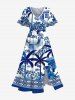 Coconut Tree Courtyard Path Blue and White Porcelain Style Print Plus Size Matching Hawaii Beach Outfit For Couples -  