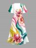 Watercolor Ribbon Flower Print Plus Size Matching Hawaii Beach Outfit For Couples -  