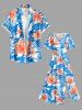 Ensemble de plage hawaïen assorti grande taille à imprimé feuilles d'hibiscus pour couples - Bleu Ciel 