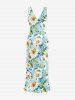 Daisy Flowers Leaf Print Hawaii Ruffles Split Surplice Dress -  