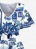 Plus Size Coconut Tree Courtyard Path Blue and White Porcelain Style Print Hawaii Split Pocket A Line Midi Dress -  