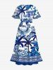 Plus Size Coconut Tree Courtyard Path Blue and White Porcelain Style Print Hawaii Split Pocket A Line Midi Dress -  