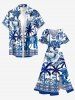 Plus Size Coconut Tree Courtyard Path Blue and White Porcelain Style Print Hawaii Split Pocket A Line Midi Dress -  