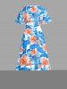 Plus Size Hibiscus Flowers Leaf Print Surplice Hawaii Midi Dress -  