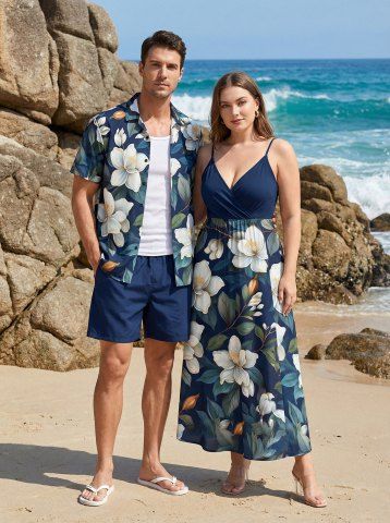 Ensemble de plage hawaïen assorti grande taille à imprimé fleurs et feuilles pour couples