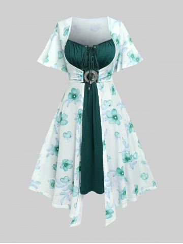 Plus Size Flutter Sleeves Floral Dress and Lace-up A Line Cami Dress Set - DEEP GREEN - 2X | US 18-20