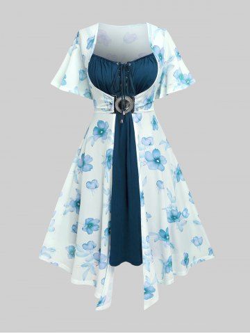 Plus Size Flutter Sleeves Floral Dress and Lace-up A Line Cami Dress Set - BLUE - 4X | US 26-28