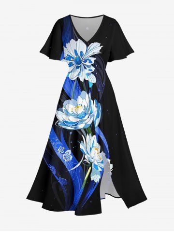 Robe mi-longue hawaïenne fendue à imprimé floral et feuilles grande taille - BLACK - XXS