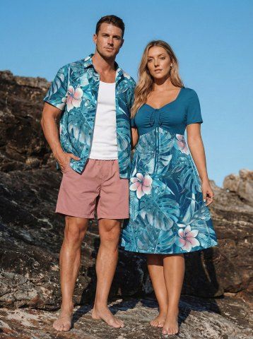 Ensemble de plage hawaïen assorti pour couples, imprimé fleurs et feuilles tropicales, grandes tailles