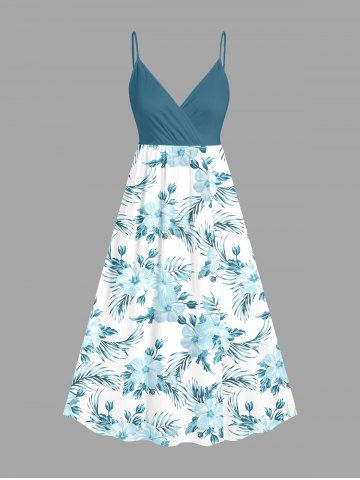 Plus Size Hibiscus Flowers Leaf Print Surplice Hawaii Cami Dress - LIGHT BLUE - 4X