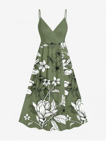 Plus Size Flowers Leaf Print Surplice Hawaii Cami Dress - PLANT GREEN - 4X