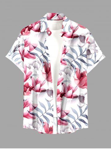 Chemise hawaïenne grande taille à imprimé floral et feuilles, boutons et poche pour homme