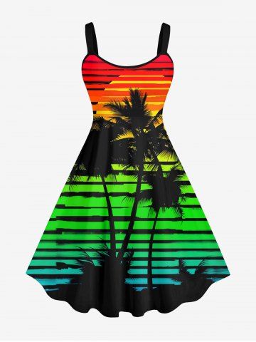 Plus Size Coconut Tree Ombre Striped Sun Printed Hawaii Backless A Line Tank Dress - MULTI-A - L