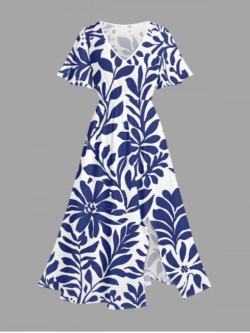 Robe midi trapèze grande taille à imprimé feuilles et branches hawaïennes avec poches fendues - BLUE - M