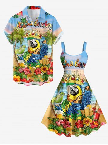 Coconut Tree Tropical Leaf Hibiscus Flower Parrot Hula Print Plus Size Matching Hawaii Beach Outfit For Couples